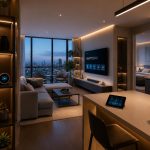 compact modern apartment with luxury smart home technology, sleek tech gadgets, minimalist design, ambient lighting, sophisticated atmosphere, small space living with high end devices (1)
