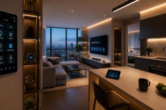 5 Tech Gadgets That Make Every Small Apartment Feel Luxurious compact modern apartment with luxury smart home technology, sleek tech gadgets, minimalist design, ambient lighting, sophisticated atmosphere, small space living with high end devices (1)