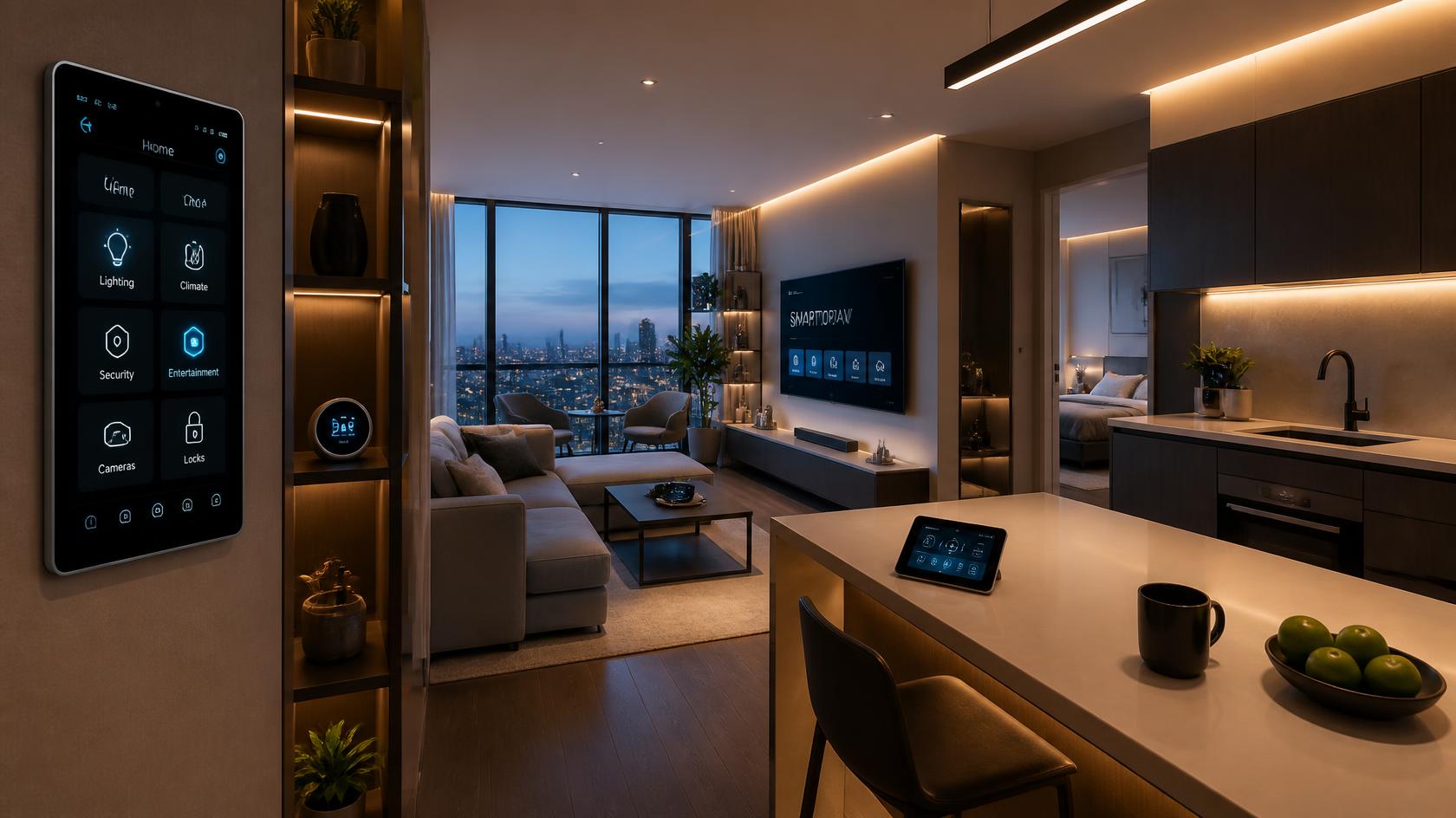 compact modern apartment with luxury smart home technology, sleek tech gadgets, minimalist design, ambient lighting, sophisticated atmosphere, small space living with high end devices (1)