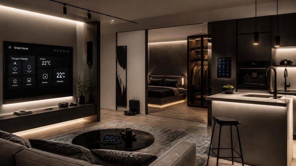compact modern apartment with luxury smart home technology, sleek tech gadgets, minimalist design, ambient lighting, sophisticated atmosphere, small space living with high end devices